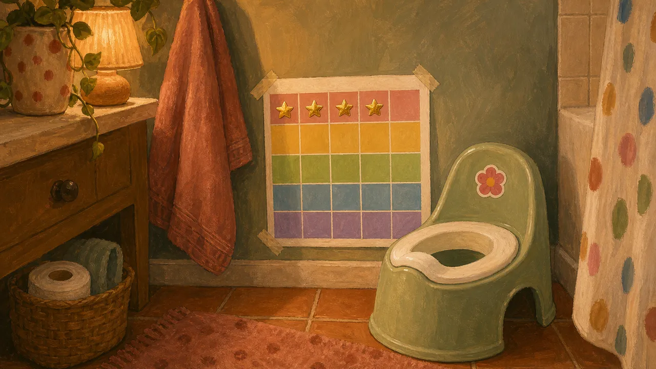 Free potty training sticker chart printable taped beside a toddler's potty at eye level