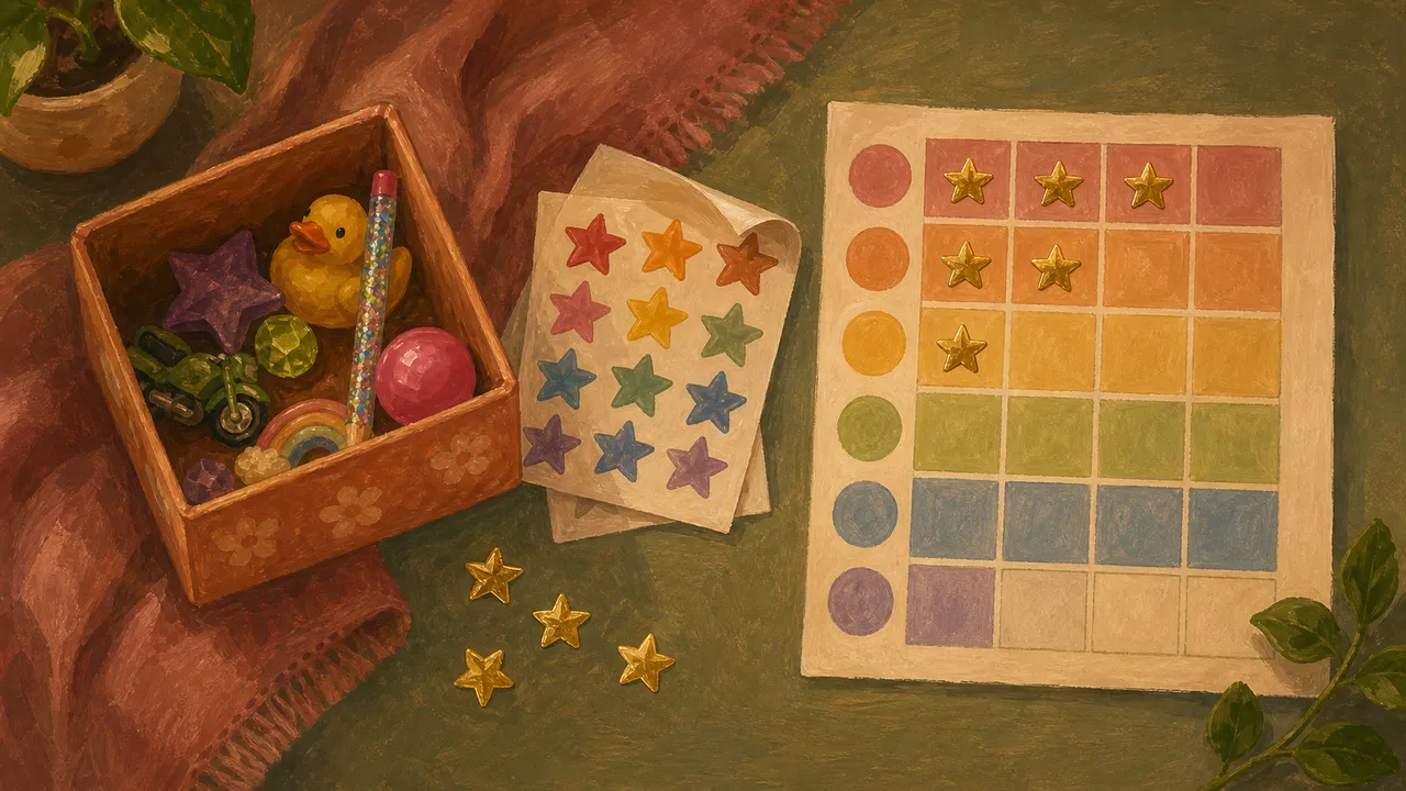 Small potty training rewards and sticker sheets laid out next to a reward chart
