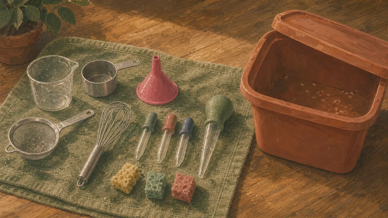Sensory bin supplies drying on a towel next to a storage tote