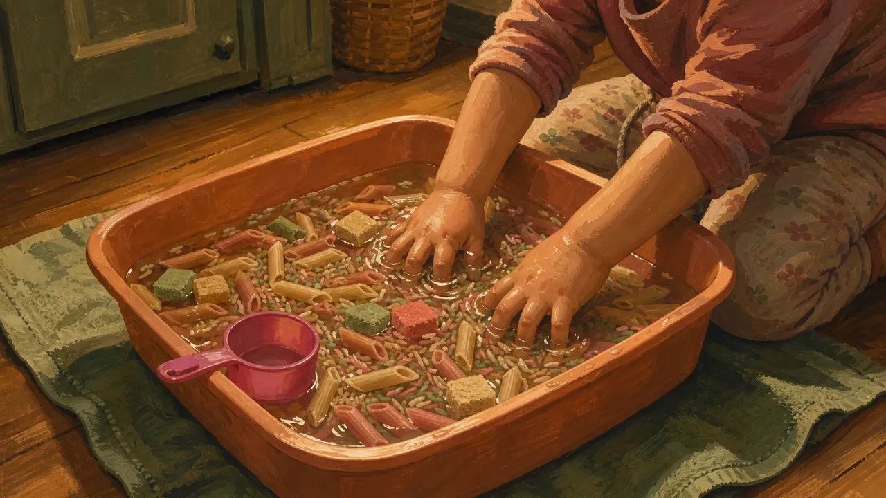 Toddler hands exploring a shallow water sensory bin filled with colorful taste-safe fillers like cooked pasta and dyed rice on a kitchen floor.