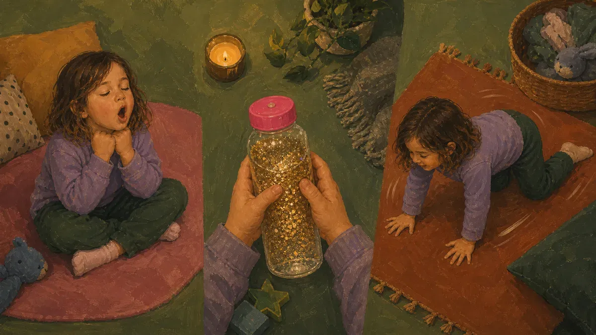 Infographic grid of calming activities like dragon breathing, sensory bottles, and movement breaks