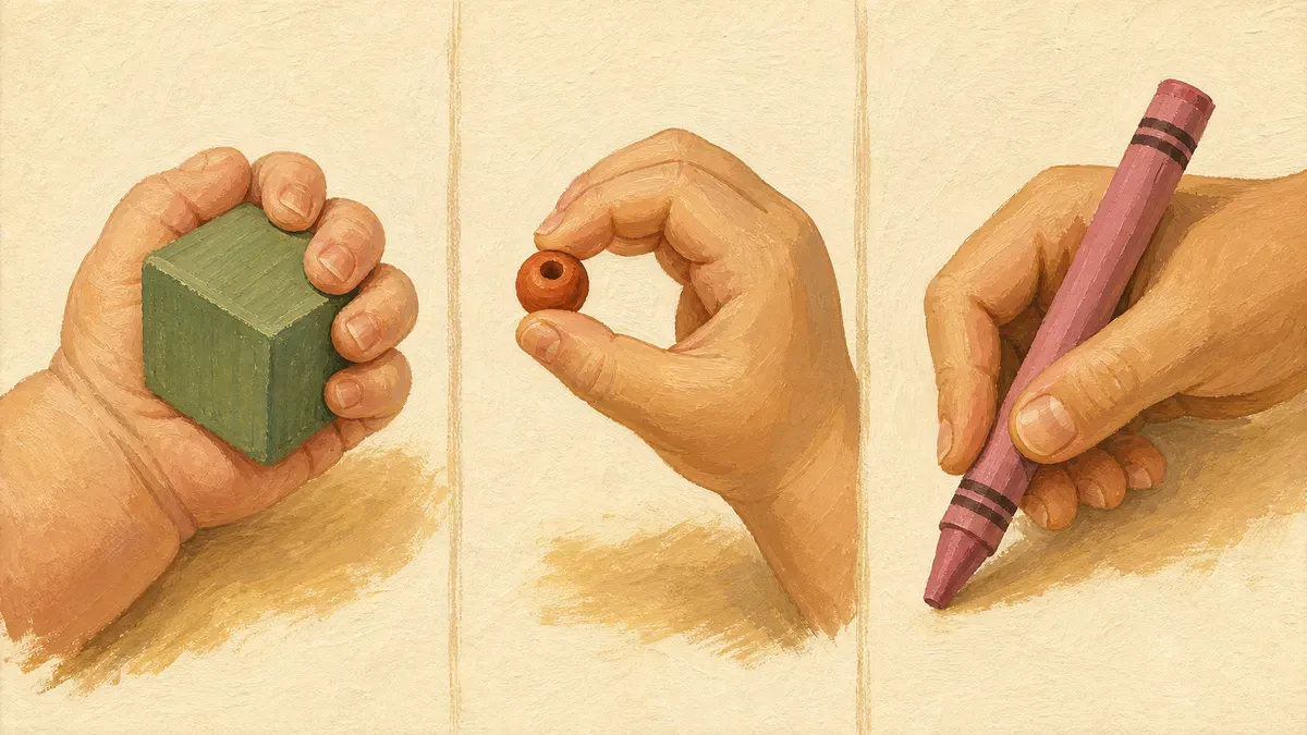 Infographic showing the developmental sequence of grasp patterns from palmar to pincer to tripod