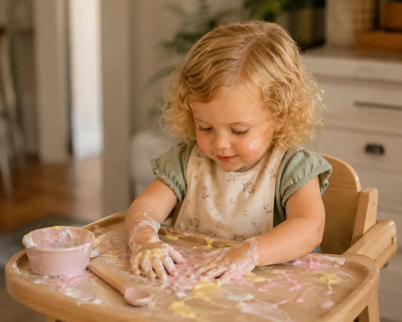 June in her high chair pressing her hands into taste-safe yogurt paint, a happy mess on the tray, soft kitchen light