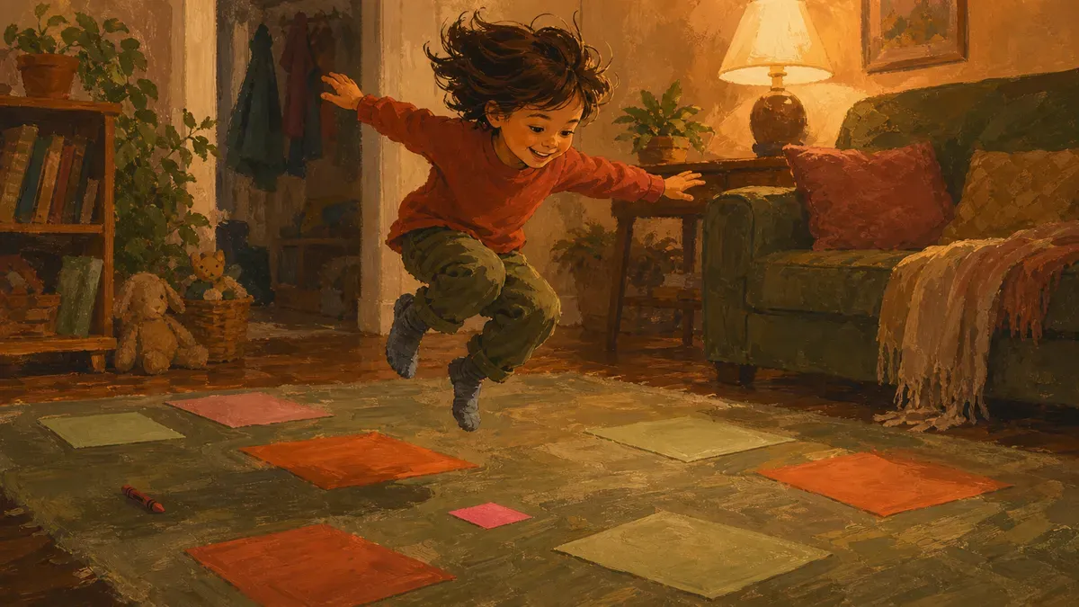 Kindergartner jumping between colored paper squares on the floor during a color learning game