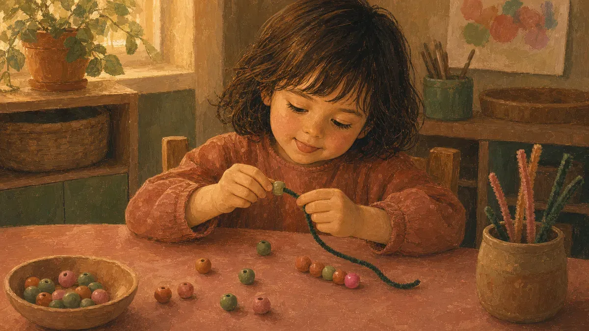 Kindergartner threading beads onto a pipe cleaner at a classroom table