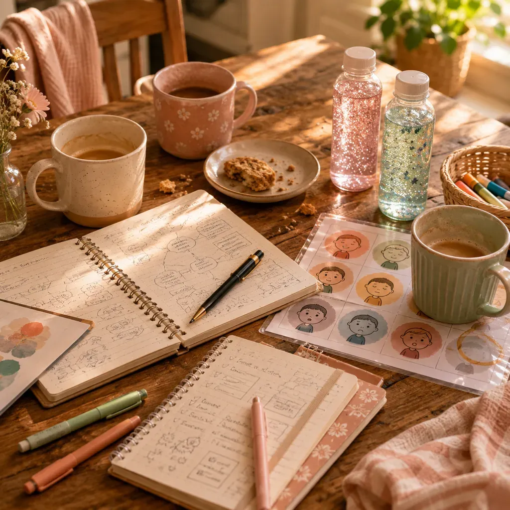 A worn kitchen table covered with coffee mugs, open notebooks, two homemade glitter calm-down bottles and a laminated feelings chart — the parents just stepped away