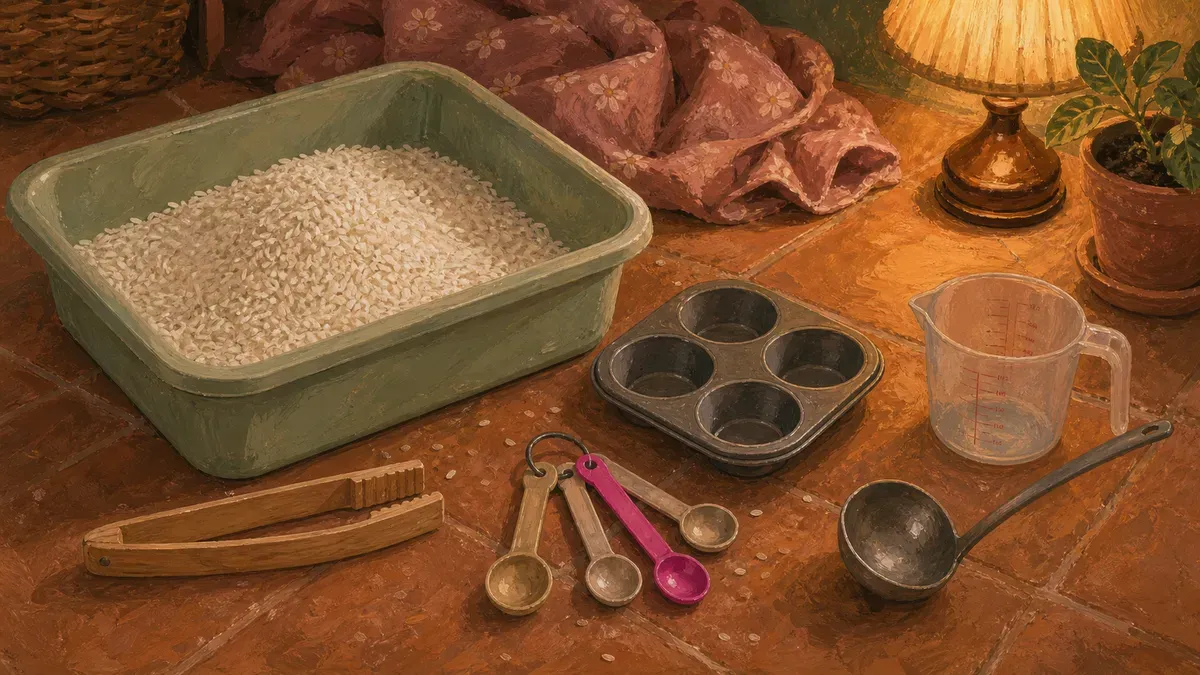 Kitchen tools like tongs, spoons, and cups laid beside a sensory bin