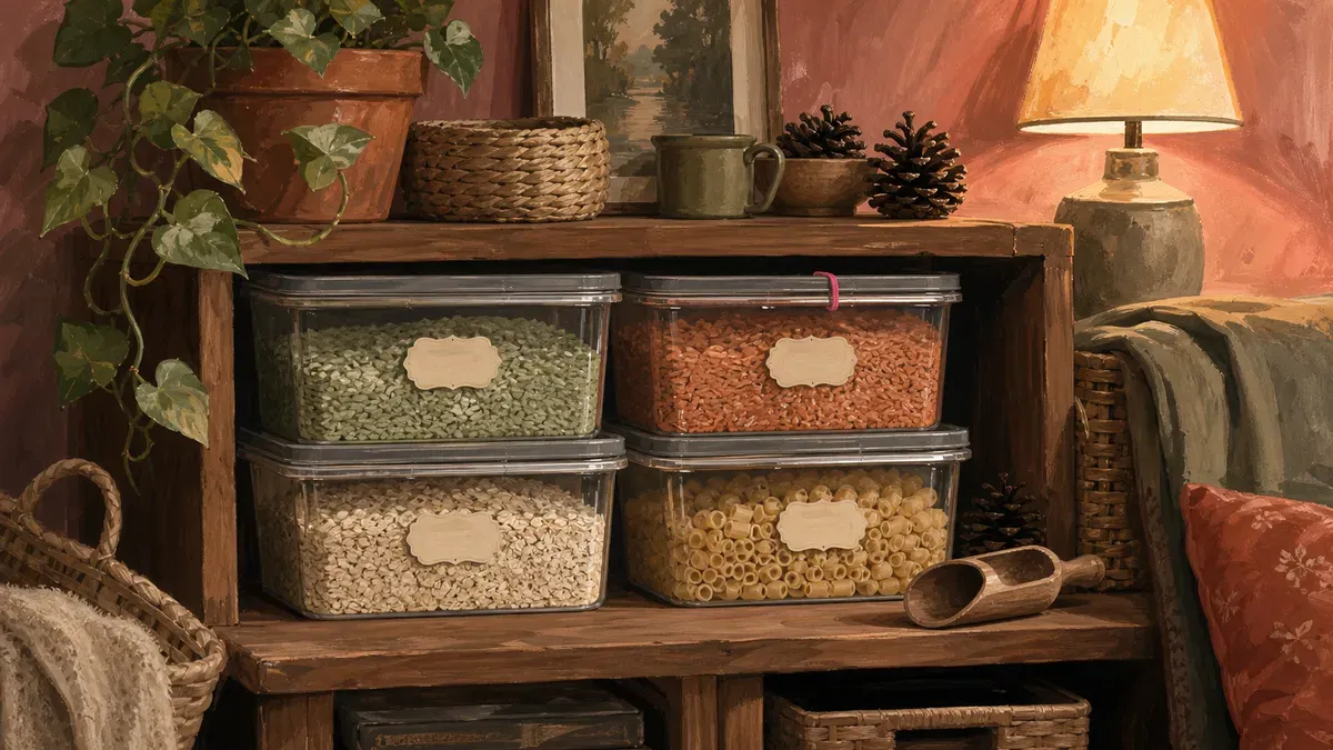 Labeled storage bins of sensory materials stacked on a shelf for weekly rotation