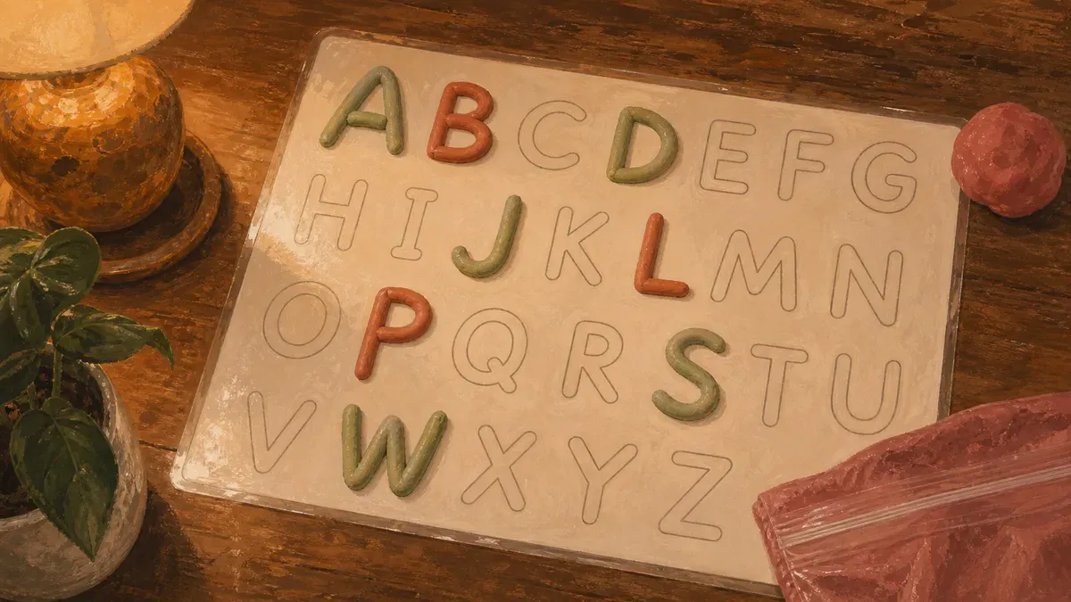 Laminated alphabet playdough mat with letter shapes formed in colored dough