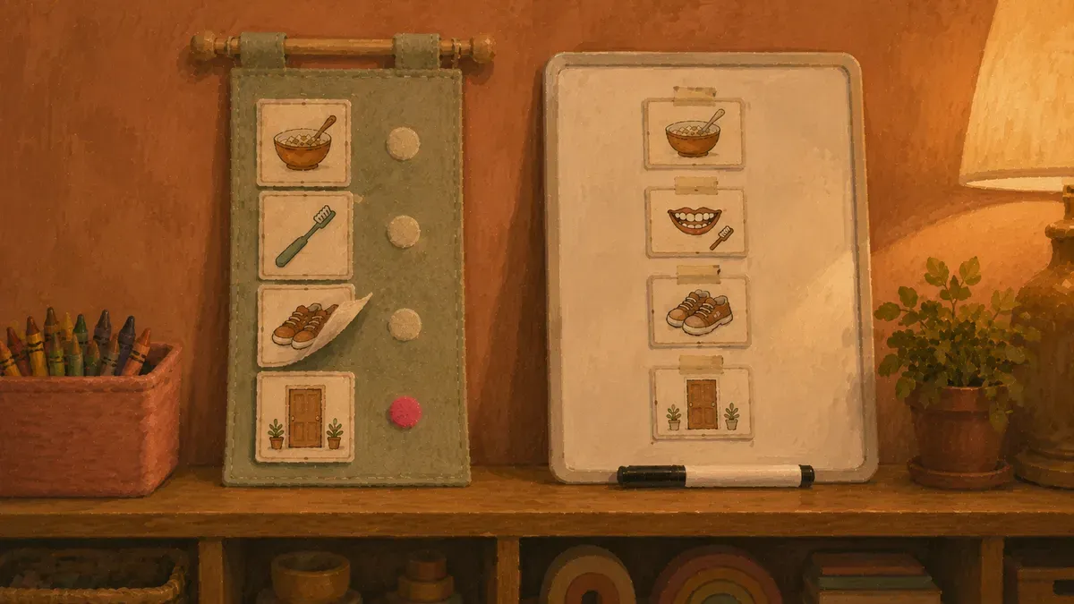 Laminated picture cards with velcro backing next to a dry-erase routine board