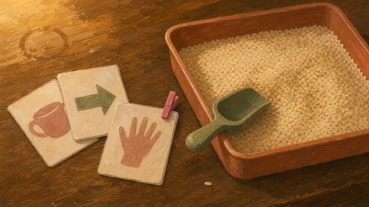 Laminated sensory bin task cards laid beside a rice bin with a scoop