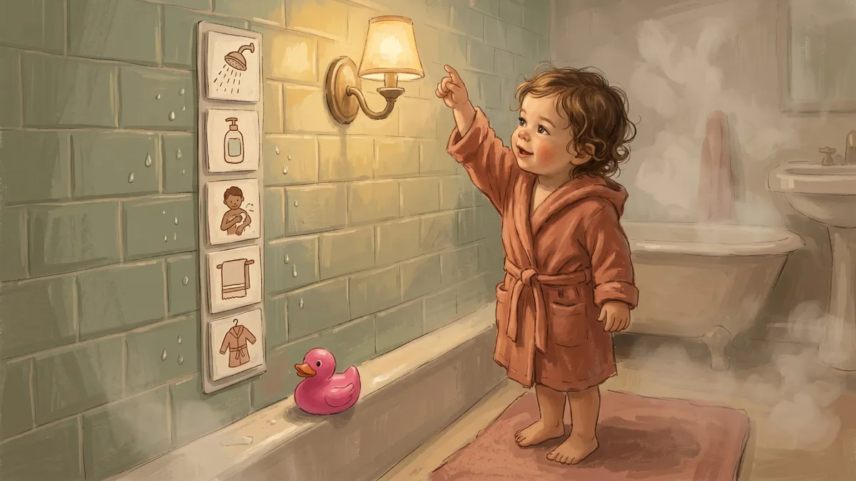 Laminated shower visual schedule cards arranged on a bathroom wall showing step-by-step icons for a child's shower routine, with a child's hand pointing to the first card.
