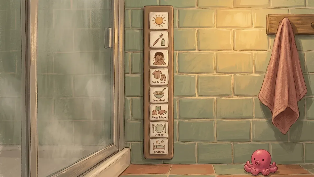 Laminated shower visual schedule velcroed to bathroom tile beside the shower