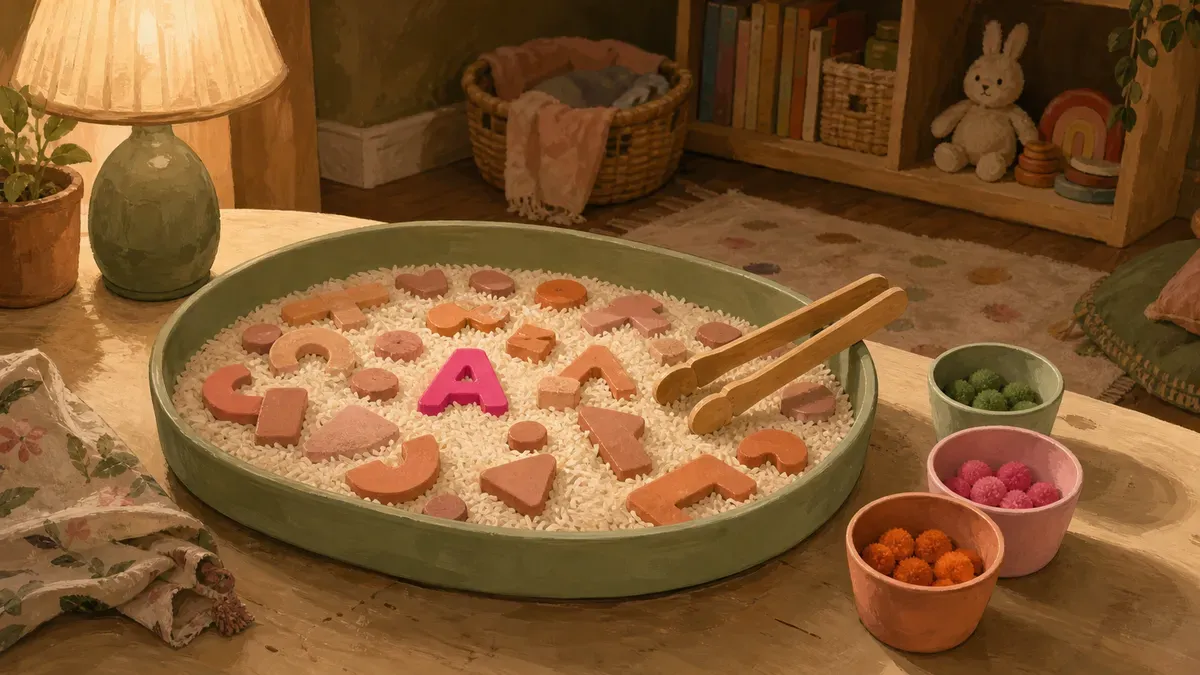 Letter and color sorting sensory bin with tongs, scoops and labeled cups on a toddler table