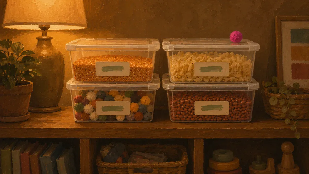Lidded clear bins stacked on a shelf labeled by sensory theme for quick storage