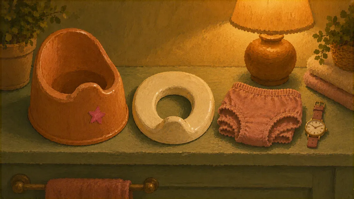 Lineup of potty training gear: floor potty, toilet seat insert, training underwear, and a potty watch