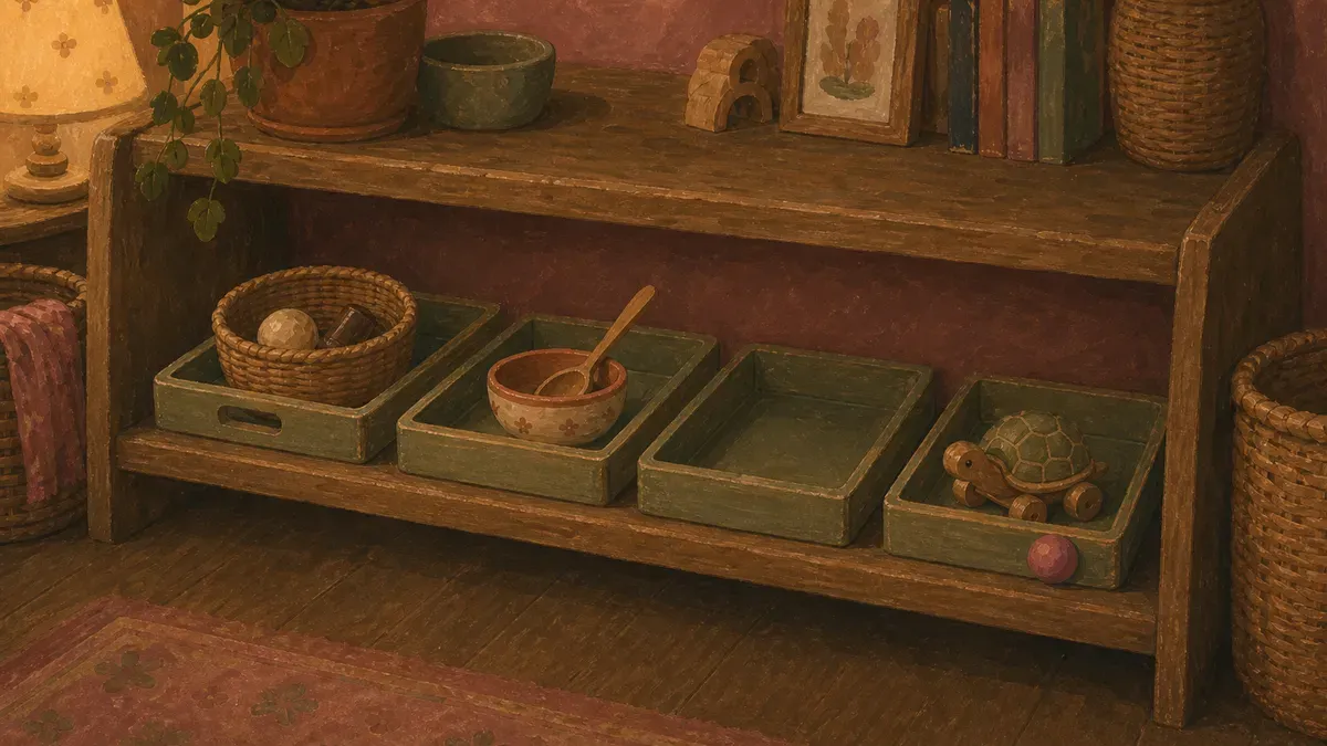 Low open shelf with a few rotated trays and household-item activities for a toddler