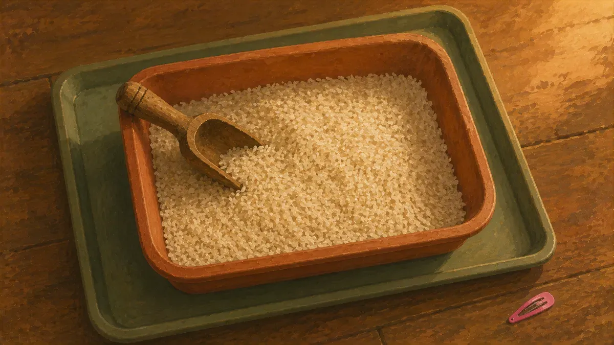 Low-stimulation monochrome sensory bin with dry rice and wooden scoops