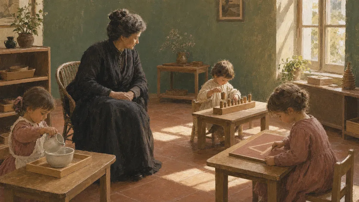 Maria Montessori observing children at work in an early Casa dei Bambini classroom
