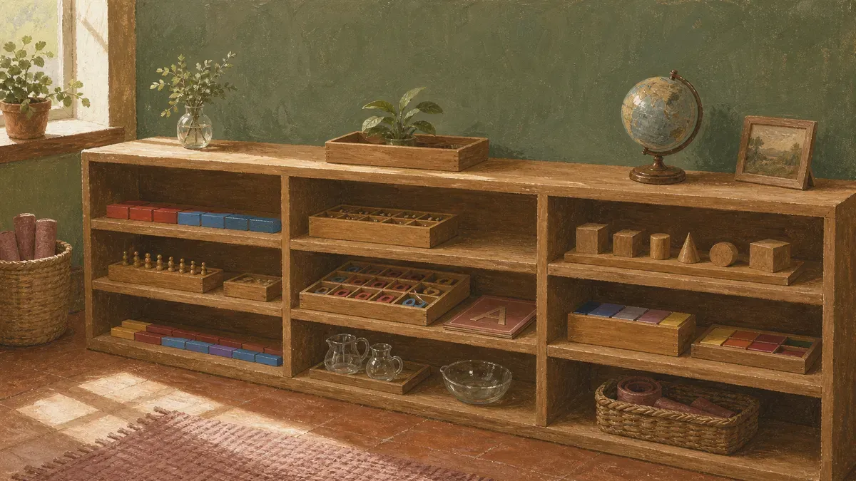 Montessori classroom shelves organized by curriculum area with wooden materials
