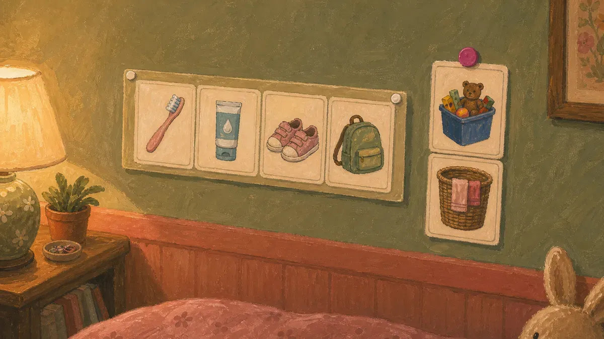 Morning routine card strip next to chore cards on a child's bedroom wall