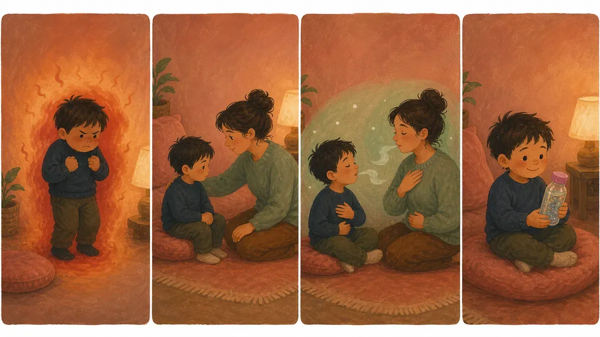 Numbered illustration of a child moving through calm-down steps from upset to reflecting