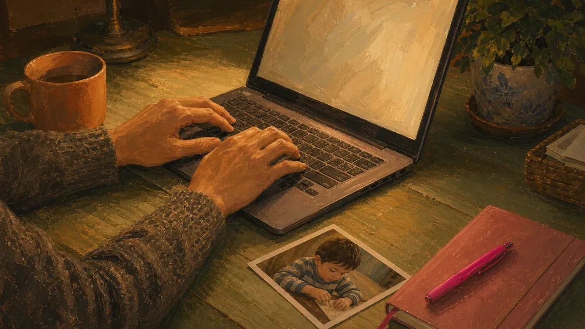 Numbered screenshot showing a social story template being edited with a child's name and photo added