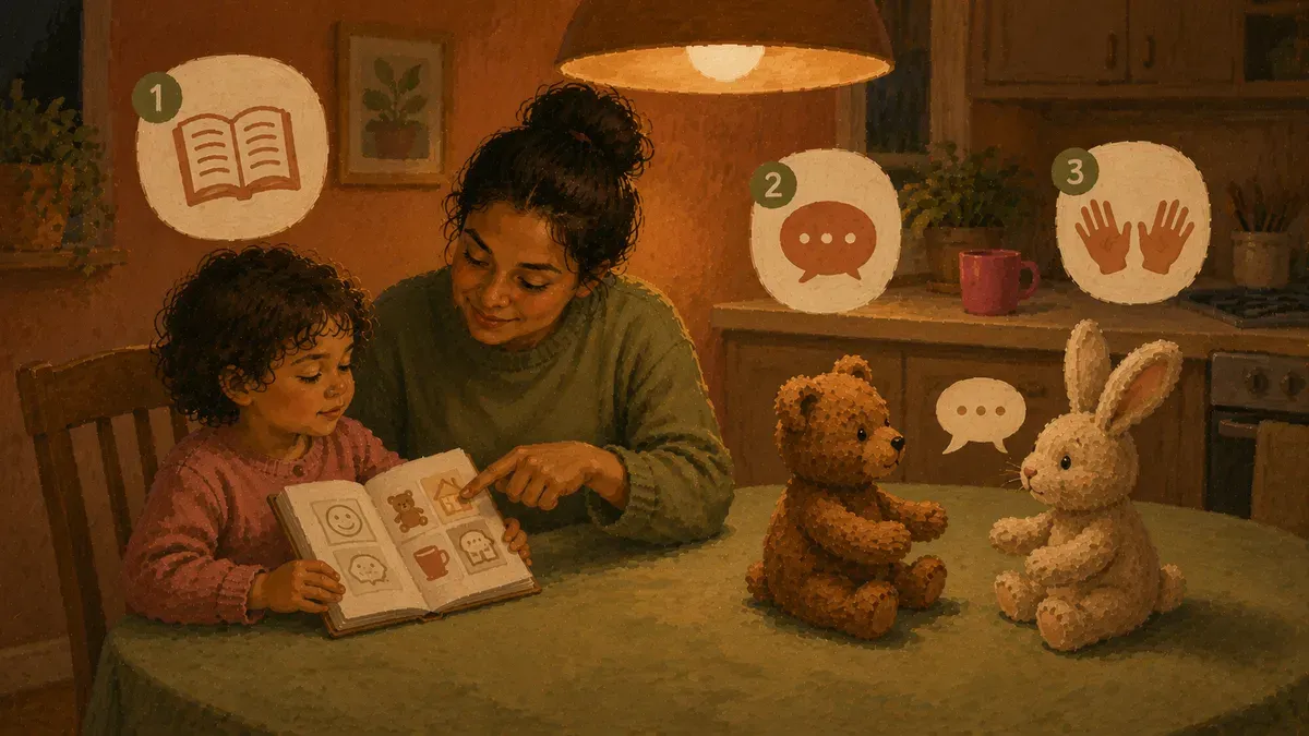 Numbered steps card showing a child reading, asking, and waiting for a yes before a hug