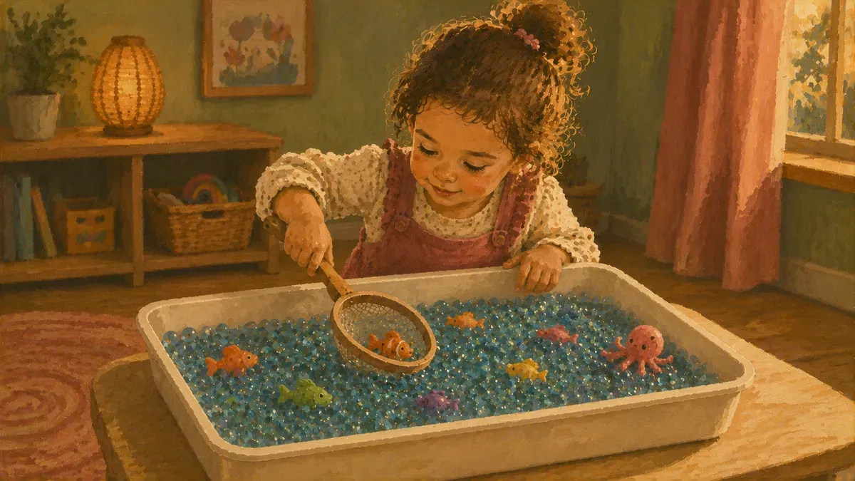 Ocean-themed sensory bin with water beads, toy fish, and scoops set up for a preschooler