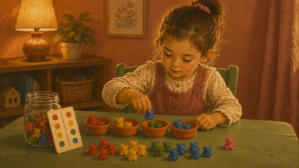 Older kindergartener doing a more complex sensory sorting activity at a table