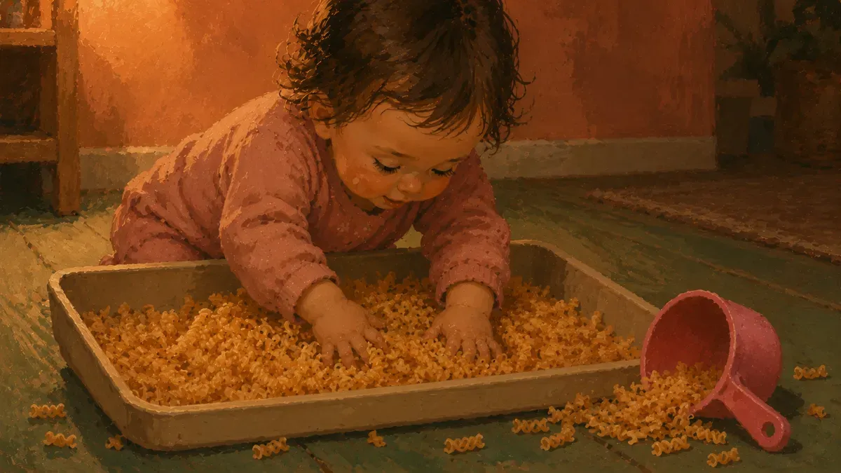 One-year-old reaching into a shallow bin of dyed pasta with both hands