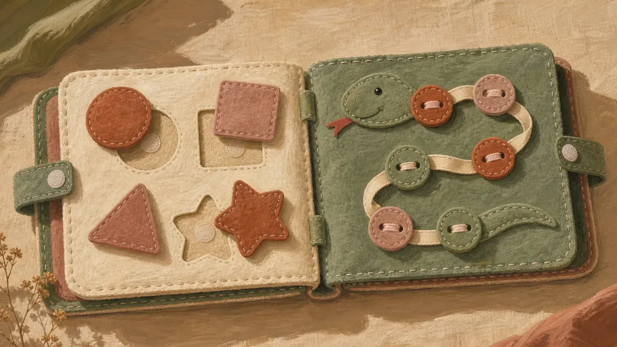 Open felt quiet book showing colorful interactive activity pages