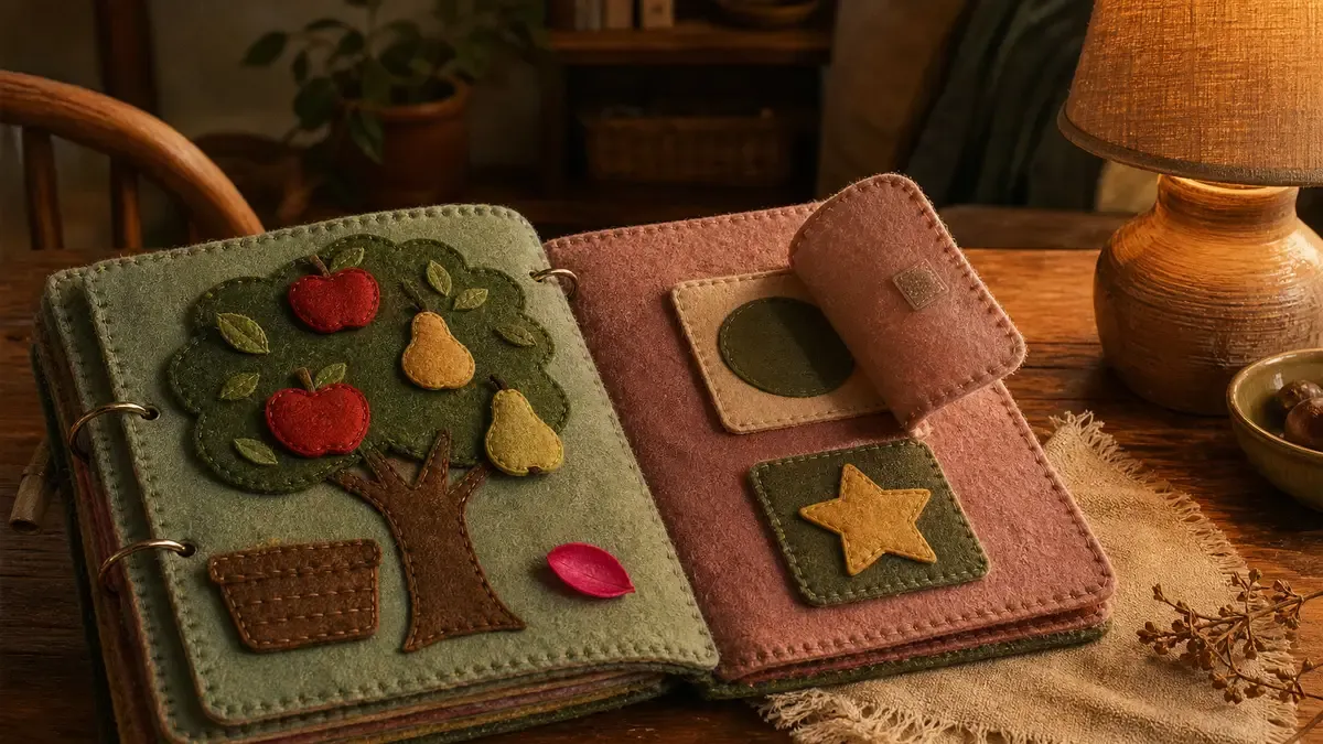 Open multi-page felt quiet book showing several themed activity pages bound together