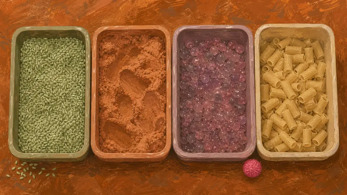 Overhead view of four bins filled with dyed rice, kinetic sand, water beads and dry pasta