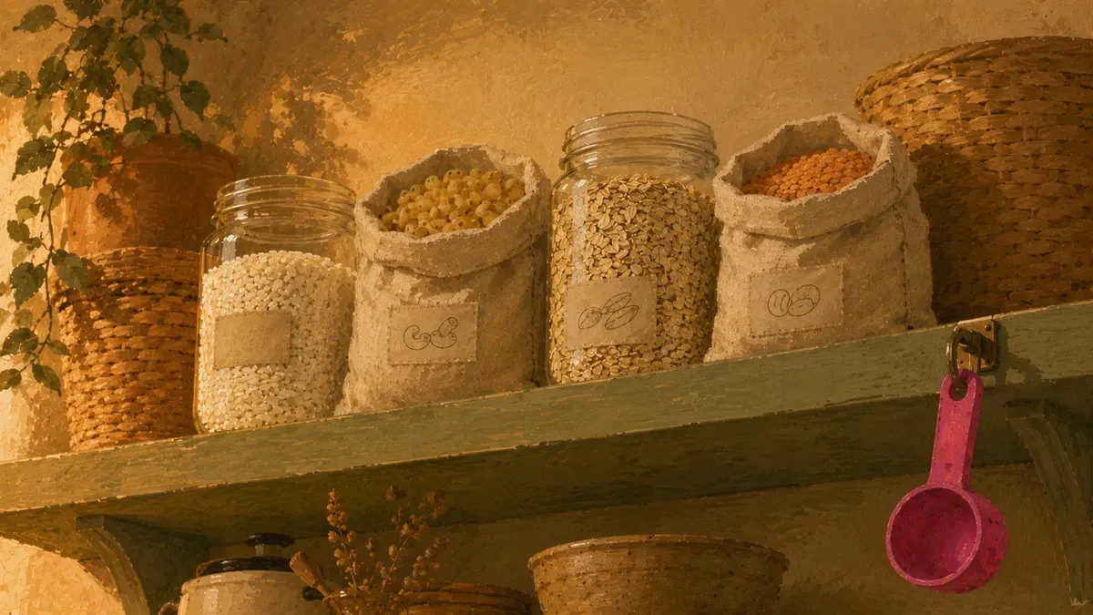 Pantry items like rice, pasta, beans and oats grouped together as sensory bin fillers