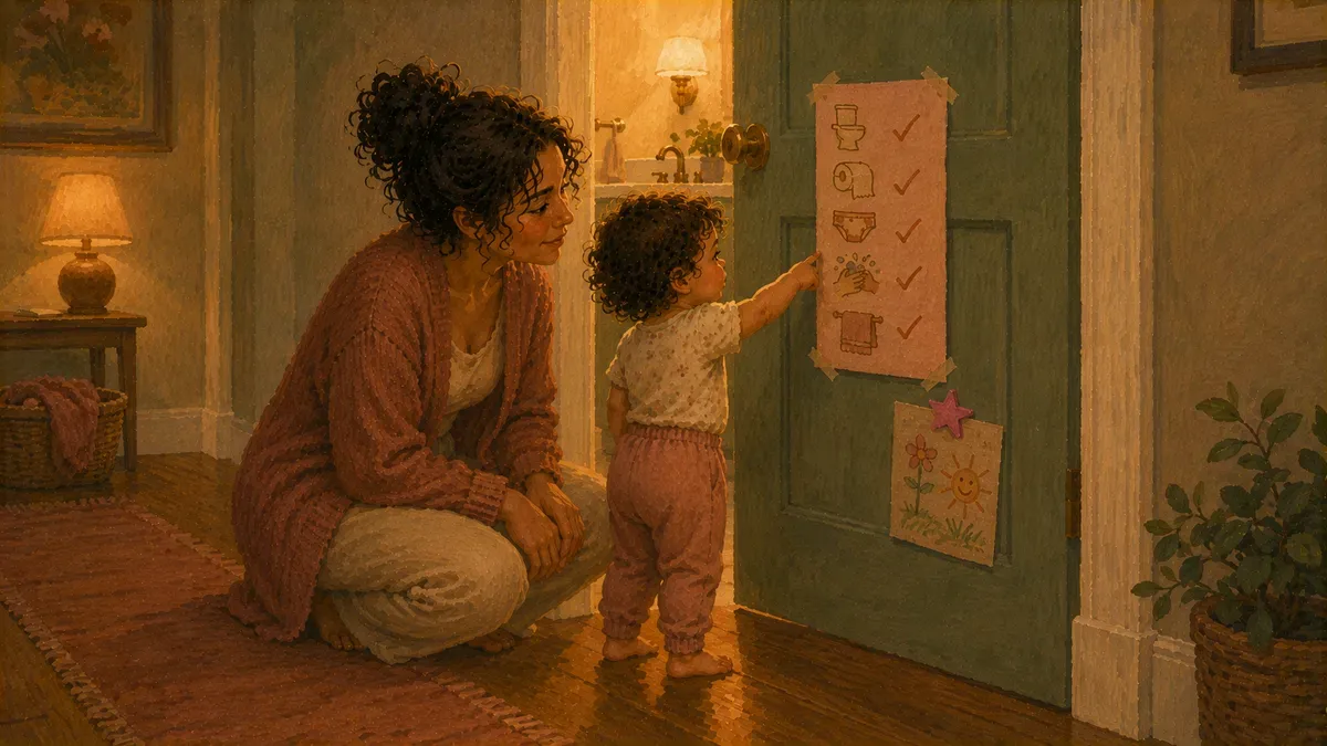 Parent and autistic child looking at a visual readiness checklist taped to the bathroom door