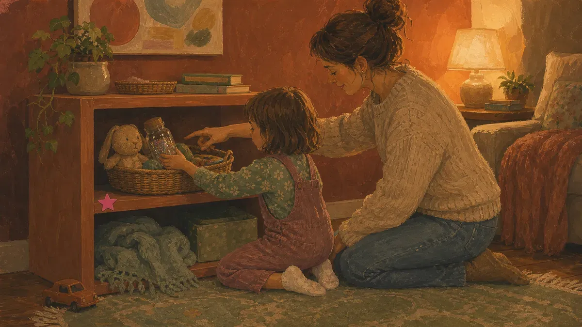 Parent and child arranging a small calm corner together, placing a basket of tools on a shelf