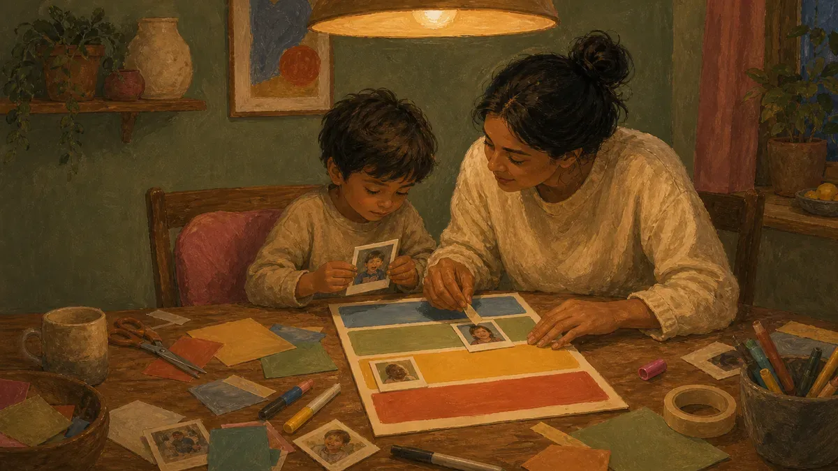 Parent and child assembling a DIY feelings chart with photos and colored cards at a table