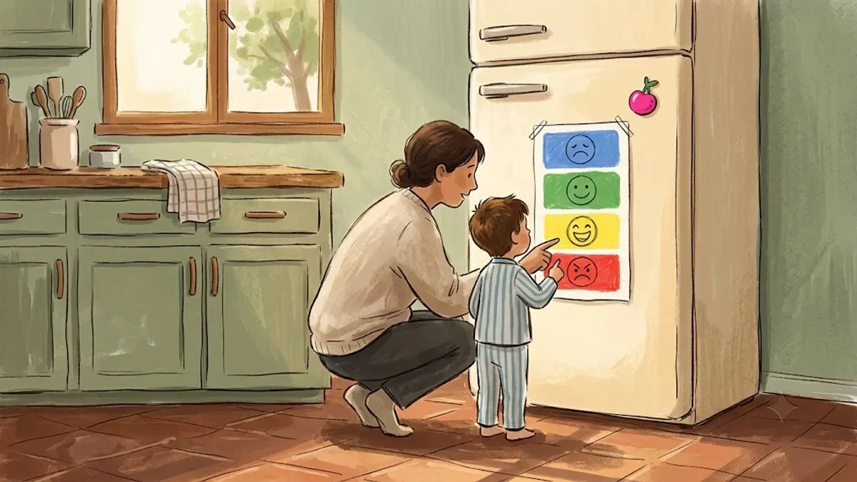 Parent and child doing a Zones check-in using a magnetic feelings chart on the fridge