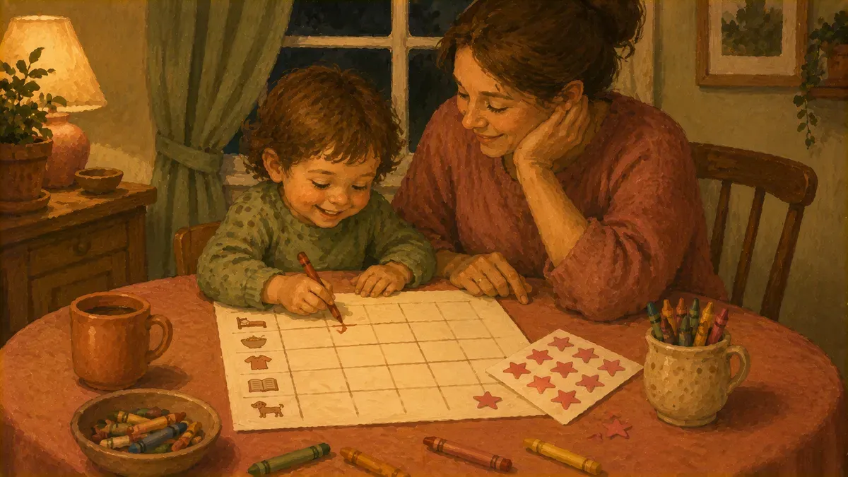 Parent and child filling out a blank chore chart template at a table