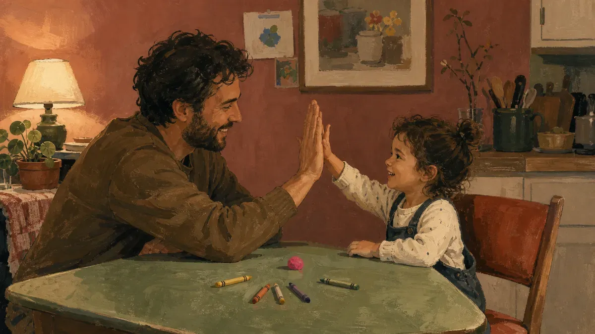 Parent and child high-fiving after finishing a quick warm-up at the kitchen table