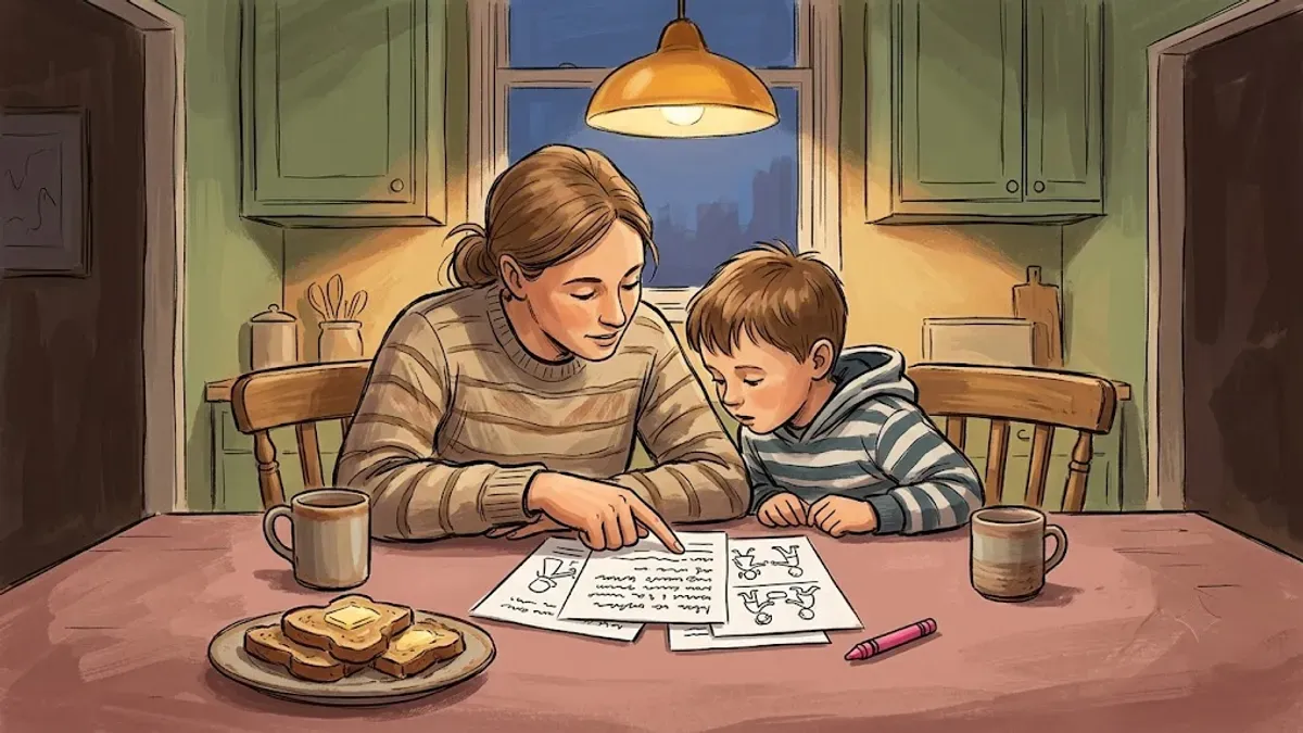 Parent and child reading a printed social story together at a kitchen table