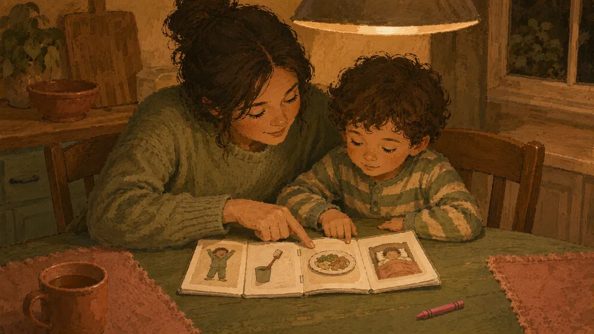 Parent and child reading a short social story together at a kitchen table