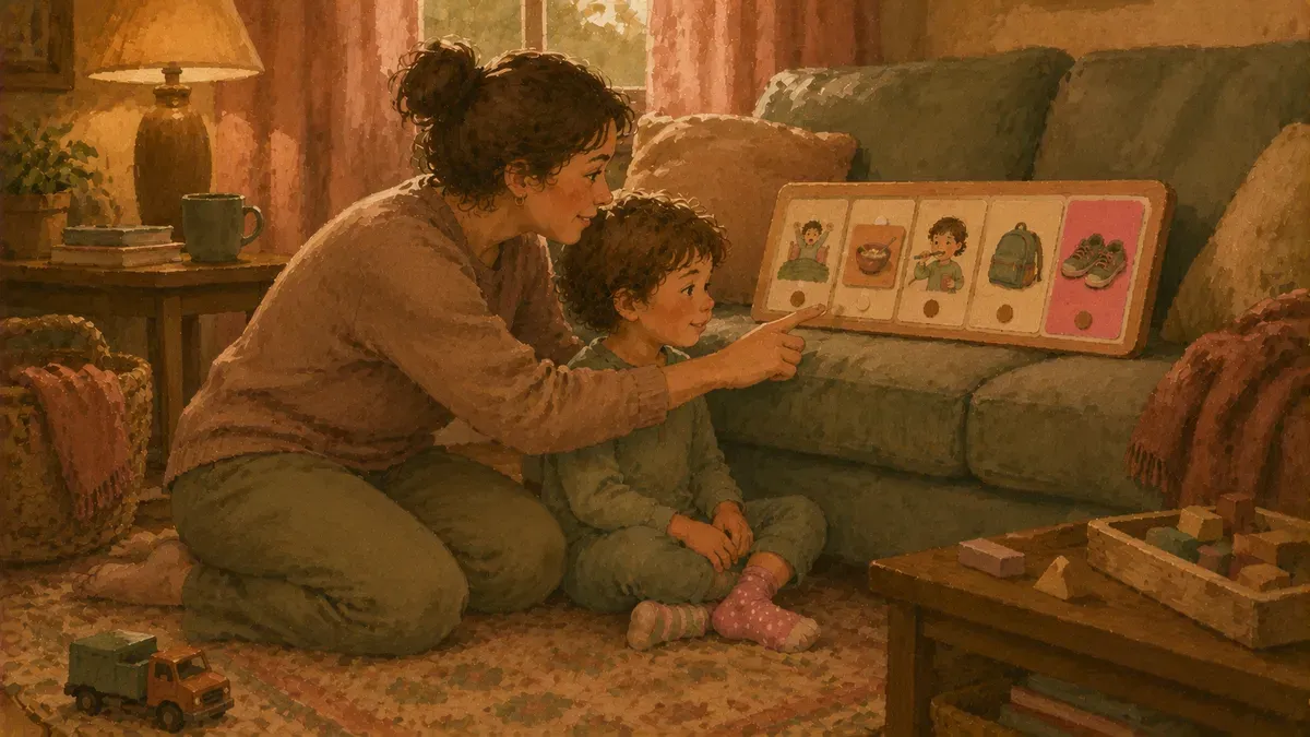 Parent and child reviewing the morning routine chart together at the start of the day