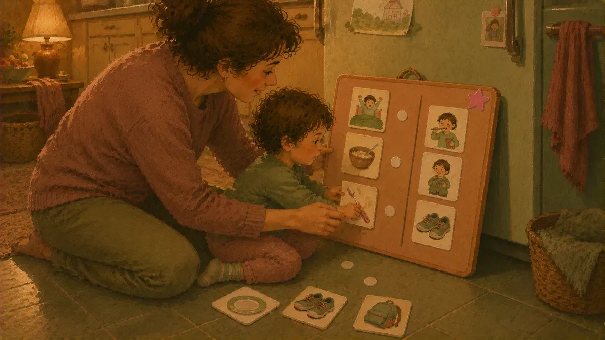 Parent and toddler attaching velcro picture cards to a morning routine chart on the fridge