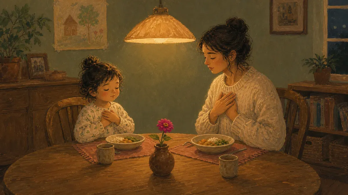 Parent and toddler doing a calm breathing moment together at the dinner table during a transition