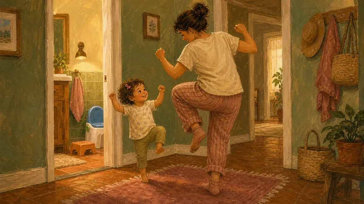 Parent and toddler doing a silly dance near the bathroom to make potty time fun
