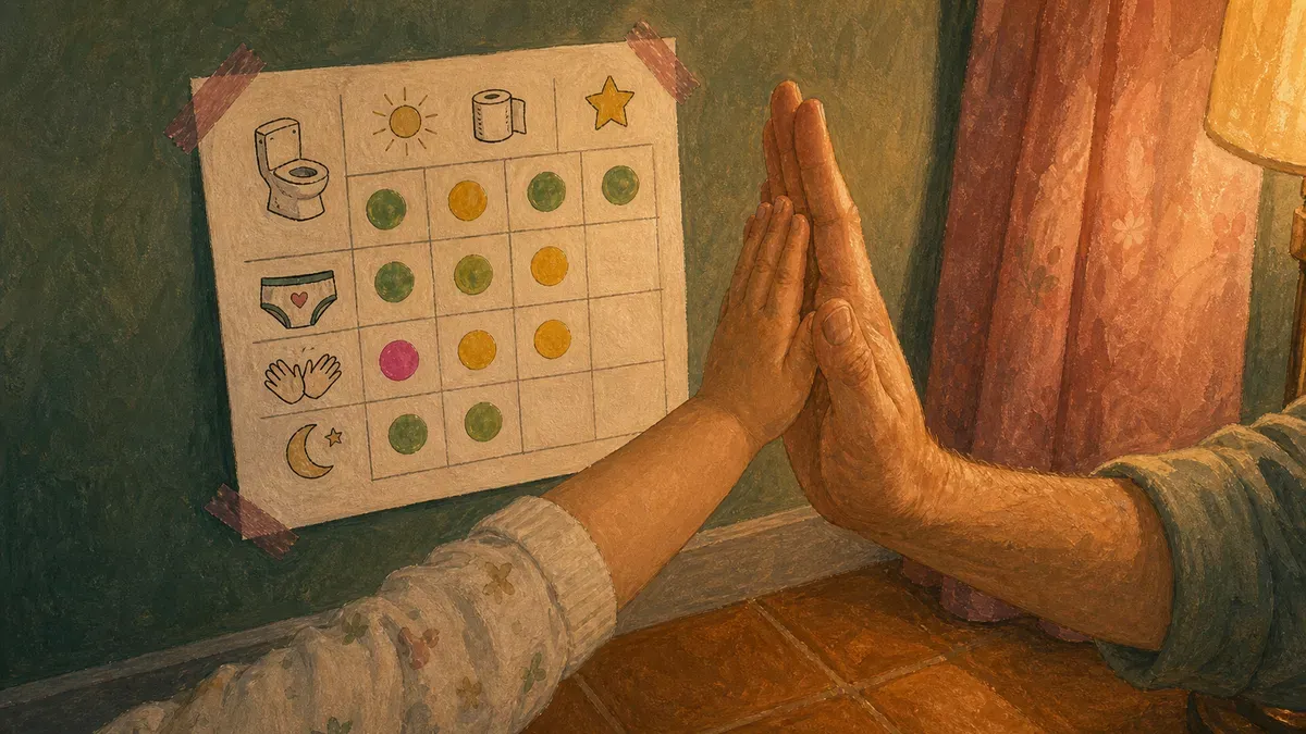 Parent and toddler high-fiving next to a partly filled potty training chart