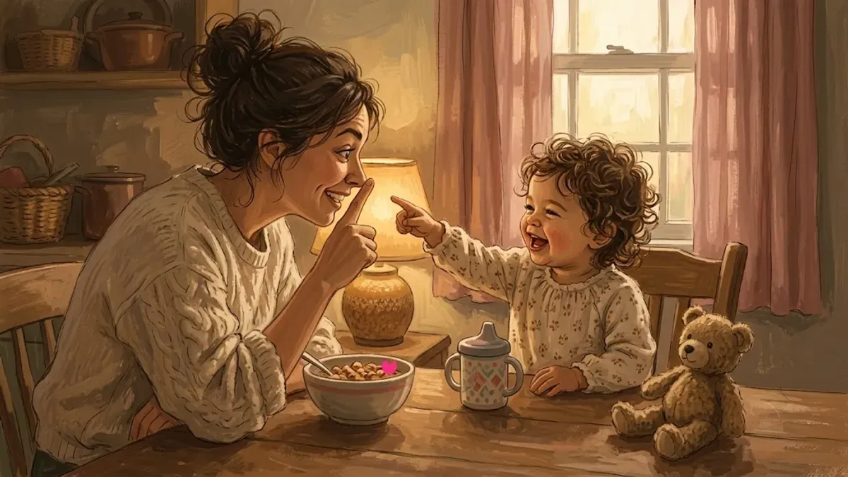 Parent and toddler naming body parts and toys during bath time