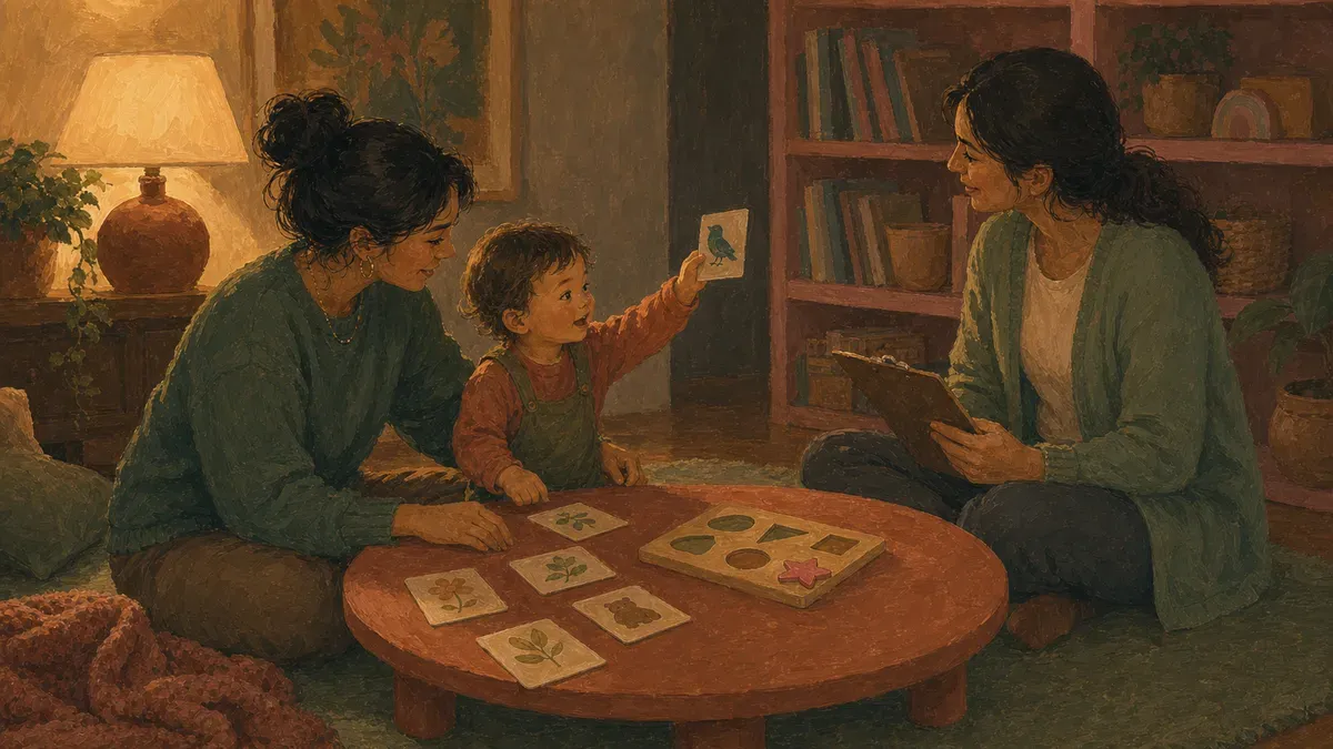 Parent and toddler playing together during a speech-language evaluation session